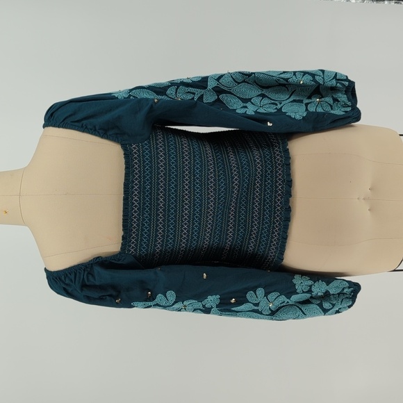 By Anthropologie Smock Balloon Sleeve Top Turquoise XS bohemian boho chic - Picture 2 of 8